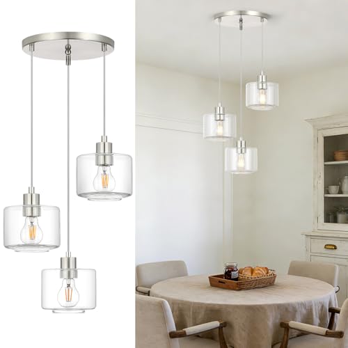 Osimir Brushed Nickel Dining Room Chandelier Light Fixture 3-Light Pendant Lighting with Clear Glass Modern Kitchen Island Cluster Hanging Pendant Lights for Kitchen Dining Room OS-YQ8153-3BNC