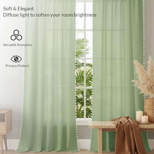 Image of HOMEMONDE Sheer Curtains with Decorative Side Border Pompom Curtain for Customize, Linen Textured Light Filtering, Rod Pocket, 1 Piece - Mint Green
