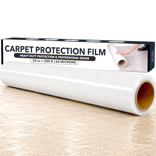 Carpet Protection Film 24 x 200 ft Clear Self-Adhesive Plastic Carpet Protector Roll Durable Temporary Stair Carpet Protector Rug & Floor Protection Tape to Shield Surfaces from Dirt & Spills