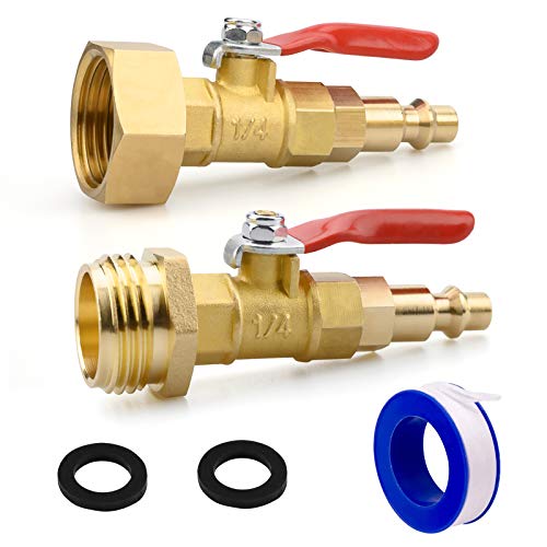 Winterize Blowout Adapter, 1/4 Inch Male Quick Connecting Plug and 3/4 Inch Male GHT Thread, RV Blowout Plug Winterizing Quick Adapter with Ball Valve for Camper Trailers Sprinkler Systems Garden Hose