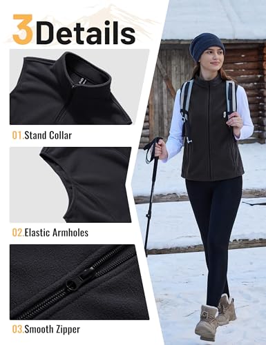 TACVASEN Fleece Vest Damen Outdoor Ärmellos Jacke Warm Fleeceweste Standkragen mit Reißverschlusstaschen Sportweste Schwarz L