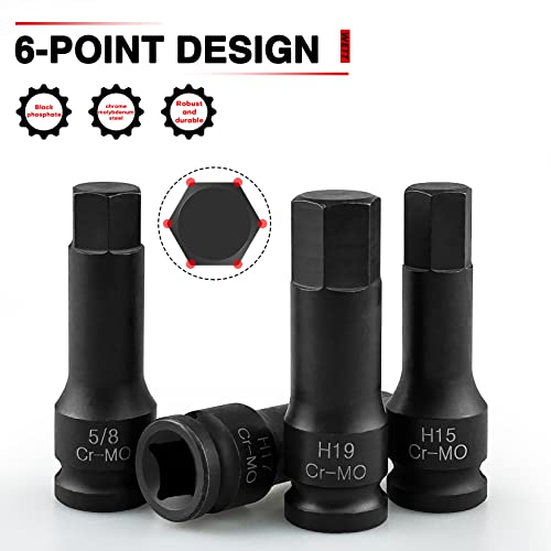 WETT 1/2\" Drive Master Impact Hex Bit Set, 20 Piece Hex Driver Socket Set, Allen Bit Socket Set, Cr-Mo Steel, SAE & Metric, (1/4\" - 3/4\", 6-19mm)