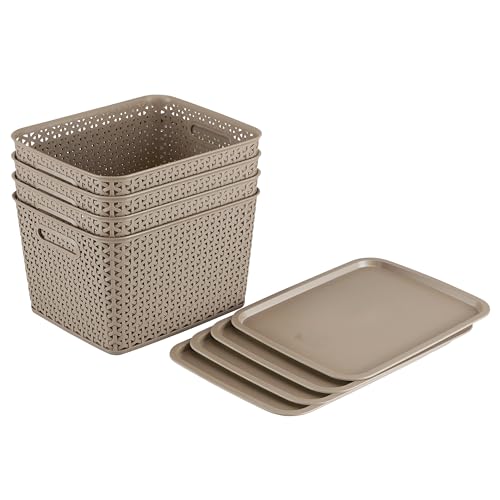 Image of KOLORR Royal Baskets 4 Large Basket with 4 Lid - LT Brown | stackable| easy to clean | strong and durable | BPA free | Multipurpose Plastic Storage Basket, Rectangular
