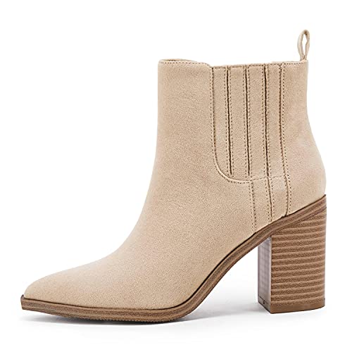 Womens Ankle Boots Slip on Pointed Toe Chunky Block Mid Heel Leather Elastic Panel Casual Chelsea Western Booties2