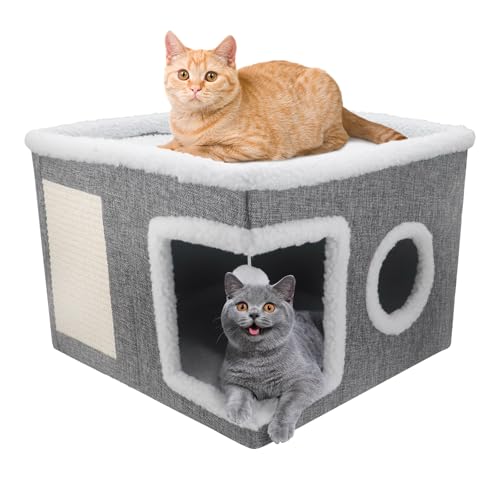 Cuccia per gatti da interni, grande, coperta, con palla soffice e tappetino antigraffio, pieghevole, per gattini e animali domestici (grigio, L)