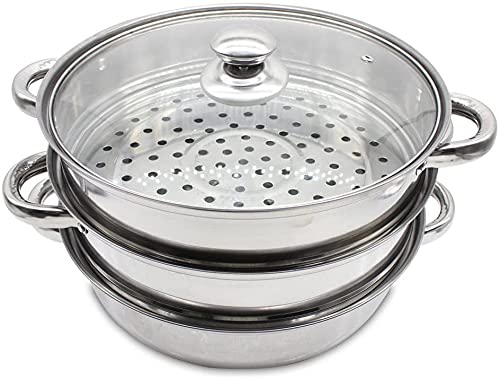 Cuiseur vapeur inox 28 cm 3 niveaux haute performance avec couvercle en verre