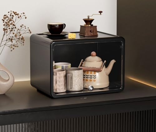 Livmorx ミニカップボードカウンター 大容量 簡単 化粧品 小物 透明扉付コップ 台所 家庭用き 多機能 お茶碗ボックス 上収納き 一段二段三段 雑貨 仕切り食器棚 防塵 防湿 扉付 (ブラック)