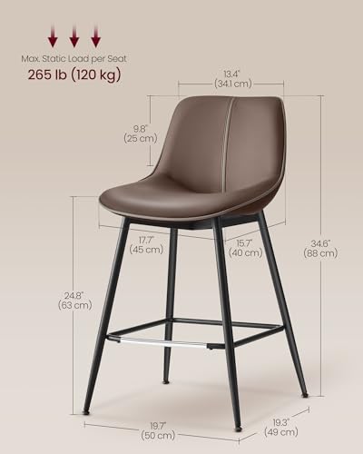 Image of VASAGLE Bar Stools Set of 4, Counter Height Bar Stools with Back, Ergonomic Backrest, Synthetic Leather, Metal Legs, 24.8-Inch Tall Barstools for Kitchen Island Home Bar, Easy Assembly, Coffee Brown