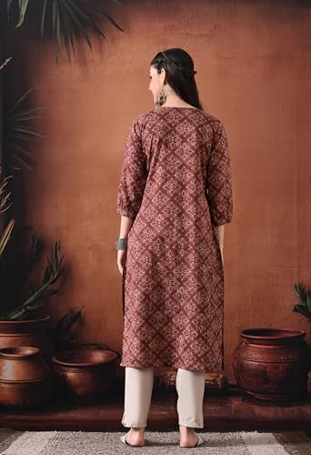 Image of Ichaa Women's Pure Cotton Embroidered Round-Neck Ethnic Kurta with 3 /4th Sleeve for Daily and Office Wear, in Plus Sizes