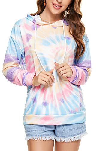 HVEPUO Kapuzenpullover mit Batik-Druck, langärmelig, Kordelzug, Pullover, Tops, locker, lässiges Sweatshirt für Damen (XS-XXL), 04-blau, XS Cover