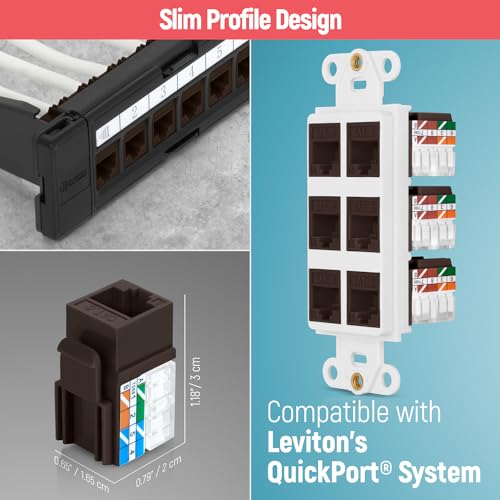 Image of Everest 90 Degree RJ45 Cat6 Keystone Jacks Slim Profile 10-Pack Brown | Compatible with 90 Angled Speed Termination Tool - easyJACK (B094WB91H3)
