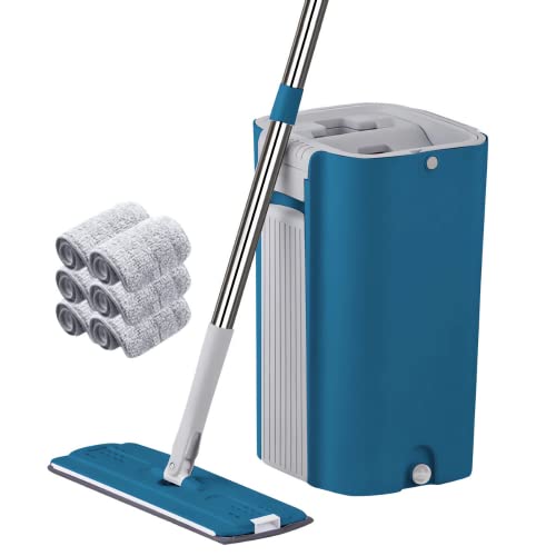 Mopa con Fregona Cubo Escurridor Mopas de Limpieza Suelos Mopa para Limpiar Azulejos y Paredes Hogar Mop Trapeadora Fregona Autoescurrible Plana con 6 Almohadillas Microfibra Parquet Ventanas (AZUL)