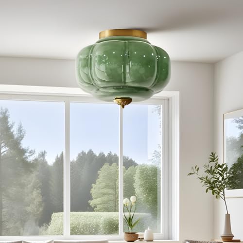 Bofea-Mid Century Semi Flush Mount Ceiling Light Fixture,Green Glass Hallway