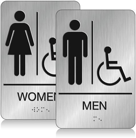 DALLAHASEE ADA Braille Restroom Signs for Business 9”x 6”- Pack of 1 - Aluminum Handicap Men and Women Bathroom Sign with Double Sided Strong Tape for Offices, Businesses, and Restaurants