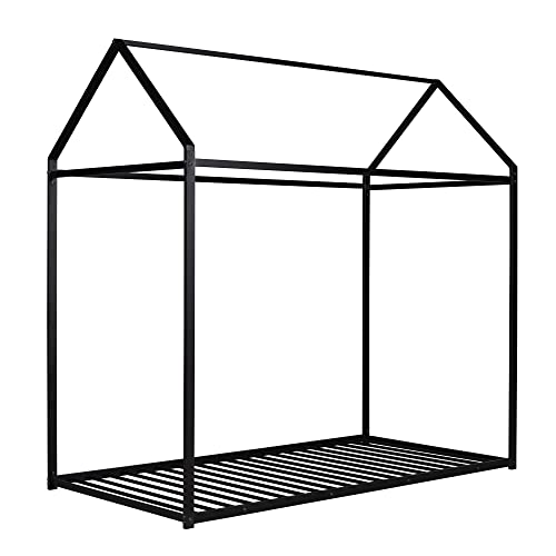 Merax Toddler Montessori Floor Bed Twin, Metal House Bed For Boys Girls,No Box Spring Needed,Easy Assemble (Twin,Black) #TOP4