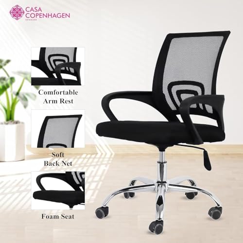 Image of Casa Copenhagen Mesh Mid Back Office /Study /Computer /Revolving /Desk Chair for Work from Home -Metal Base, Height Adjustable Seat - Black & Black Handle