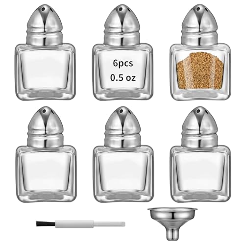 6Pcs 0.5 oz Cube Shape Small Salt and Pepper Shakers with Tone Tops Clear Mini Glass Seasoning Jars Spice Salt Shakers with Funnel for Wedding Party Restaurant Home Kitchen (Silver)