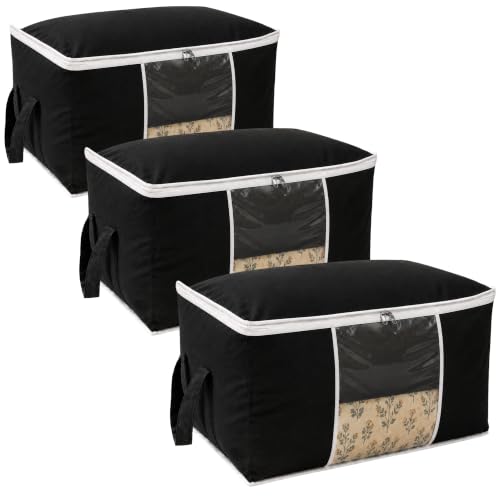 Image of Non-Woven Side Handle Underbed Storage Bags | Pack of 3 | Durable Foldable Organizer for Blankets, Comforters, Quilts & Seasonal Clothing | Dustproof, Moisture-Resistant Storage (Black)
