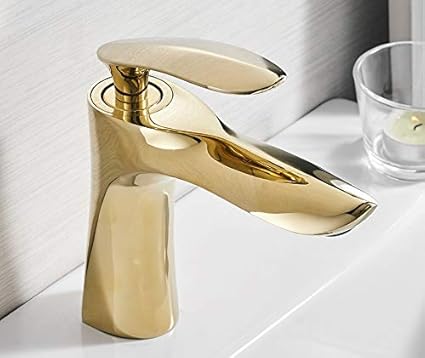 B Backline Brass Bathroom Sink Wash Basin Mixer Tap Single Handle Hot & Cold Waterfall Lavatory Sink Faucet for Living Room & Bathroom (Gold Short Body)