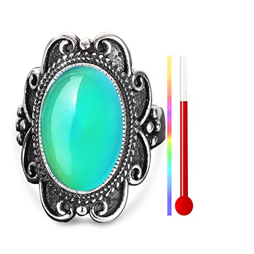 HAIXIAN Unisex Magic Color Change Crystal Stone Ring,Adjustable S925 Sterling Silver Retro Antique Vintage Oval Mystery Temperature-Control Color Changeable Gemstone Boho Bohemian Statement Ring Jewelry for Women Men (Ring_A, Adjustable)