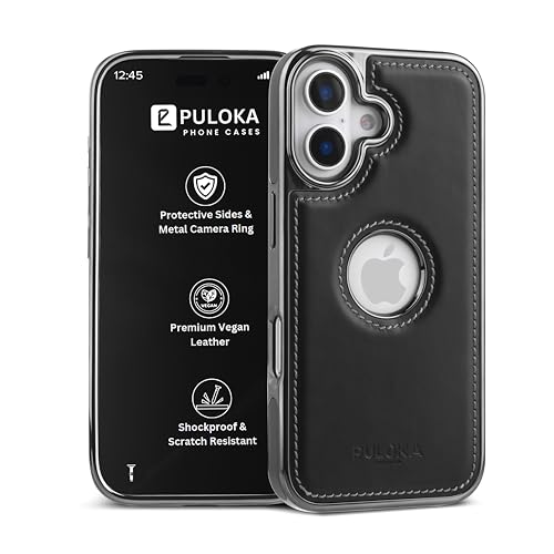 Image of PULOKA Chrome Leather Back Case - Compatible with iPhone 16 - Luxury Bumper Case - Flexible Vegan Leather - Electroplated Sides & Logocut - Full Camera Protetection & Raised Edges - Black