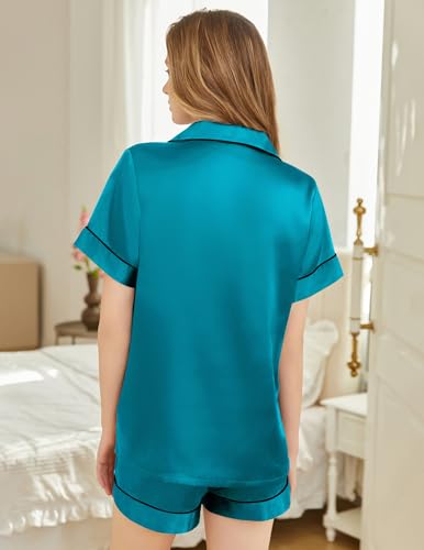 Image of Silk Pajamas for Women Short Sleeve Sleepwear Soft Button Down Loungewear 2 Piece Satin Pjs Shorts Set S-XXL
