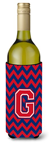 Caroline's Treasures CJ1054-GLITERK Letter G Chevron Yale Blue and Crimson Wine Bottle Hugger Bottle Cooler Sleeve Hugger Machine Washable Collapsible Insulator Beverage Insulated Holder