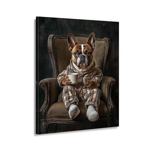 Tableau bouledogue français sur canapé 50x70 cm encadré pour déco cuisine