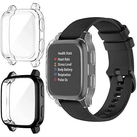 Case for Garmin Venu Sq 2/Venu Sq/Venu Sq 2 Music/Venu Sq Music, KZIOACSH 2 Pack Slim Fit Anti-Scratch Cover Sensitive Touch Shockproof Hard PC Bumper with Tempered Glass Screen Protector,Black+Clear Cover