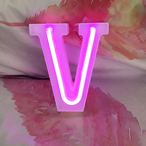 QiaoFei Letras de neón, letreros de neón, decoración de pared rosa/decoración de mesa para el hogar, bar, Navidad, fiesta de cumpleaños, palabras del día de San Valentín, letras rosas (V) Cover
