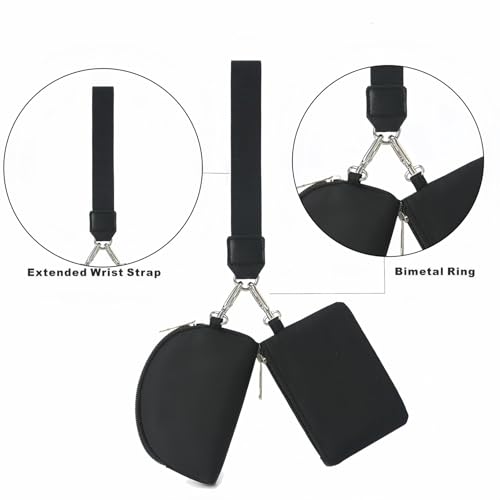 Women's Fixed-Length Wristlet Wallet Set - Dual Shape (Square & Semicircle) Zippered Pouch for Cards/Coins/Keys | 4.7in Non-Adjustable Gym Wrist Purse | Hands-Free Nylon Organizer4