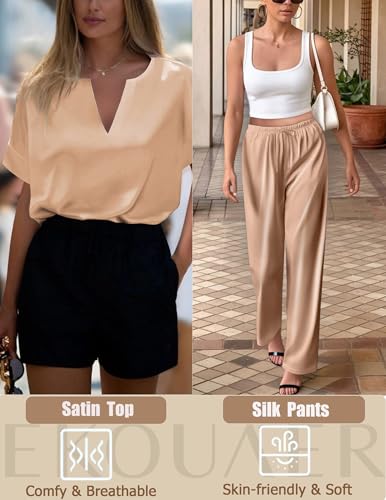 Image of Ekouaer Satin Pajama Set Womens Silk Short Sleeve V Neck Shirt with Long Pant Soft Loungewear Pjs Set