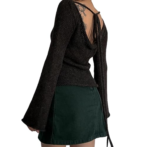 Women's Vintage Knitted Sweater Tops Long Flared Sleeve Backless Hollow Out Pullovers Jumper Shirt2