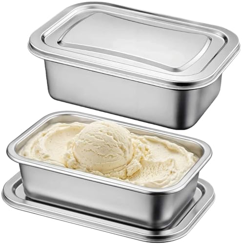 Stainless Steel Ice Cream Container with Airtight Lid-1.2 Quart Reusable Homemade Ice Cream Tub, Freezer Burn Prevention Storage for Gelato, Sorbet & Frozen Yogurt-Easy Scoop Rectangular Design-1Pack