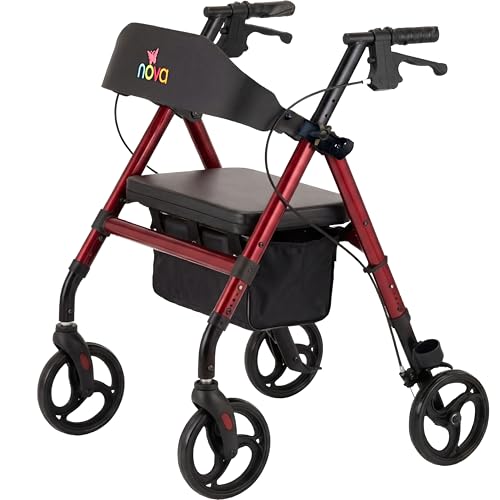 NOVA Vega Rollator Walker - Lightweight 18 lb Folding Mobility Walker 8 Wheels Adjustable Height Hand Brakes Padded Seat & Backrest Red