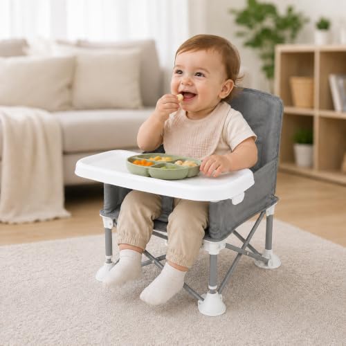 Image of Portable Foldable Baby Dining Chair for Babies & Toddlers | Foldable Travel High Chair with Removable Tray, Safety Harness & Carry Bag | Lightweight Feeding Seat | Grey