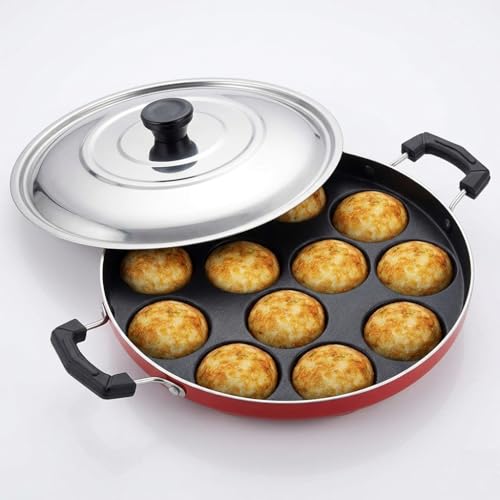 Image of Non-Stick Appam Maker & Paniyaram Pan, 12 Cavity Appam Patra with Stainless Steel Lid, Multi-Purpose Appe Pan for Home Kitchen