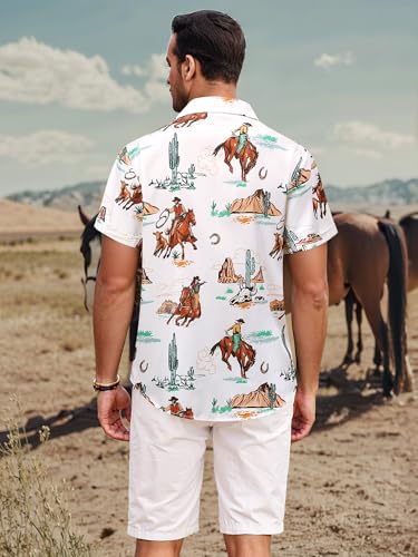 MYMORE Men's 2025 Western Cowboy Shirts Short Sleeve Vintaged Print Rodeo Button Up Shirt Summer Hawaiian Graphic Outfit4