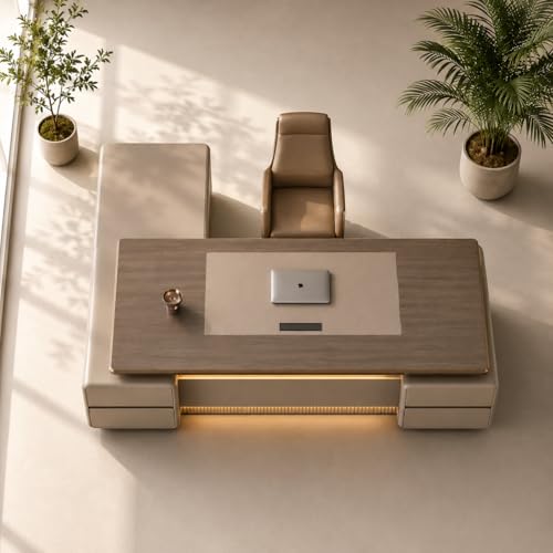 Image of Modern Luxury Executive Office Desk with Side Storage Unit, Premium Wooden Manager Table for CEO Cabin, Contemporary Office Furniture with LED Panel Design (LDL-889 MDFL L8W3)