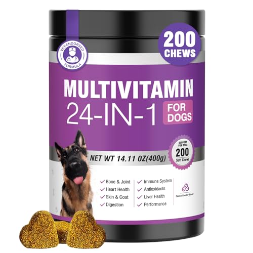 24-in-1 Dog Vitamins and Supplements 200 Ct Dogs Multivitamin Chewable Contain Chondroitin Probiotics Omega-3 Glucosamine for Dogs Skin Coat Heart Joint Gut Liver Brain Immune Support - Peanut Butter