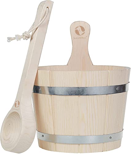SudoreWell® Cubo para sauna (5 L, madera de pino, con inserto de plástico, dos tiras de acero y cuchara)