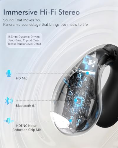 Image of Upgraded Clip-on Ear Earbuds, Bluetooth 6.1 Wireless Open Ear Headphones, Comfortable Fit with Crystal Clear Sound, 50-Hour Battery Life, Open-Ear Wireless Headphones for Gym & Outdoor Sports, Black