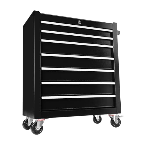 PULLAFUN Rolling Tool Chest with 7-Drawer Tool Box,Multifunctional Tool Cart on Wheels,Tool Storage Organizer Cabinets with Key Locking for Garage, Warehouse, Repair Shop (Black 2#)