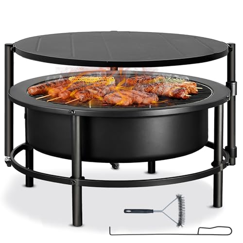 Fire Pits for Outside Wood Burning, Extra Large Outdoor Fire Pit with Grill and Roating...