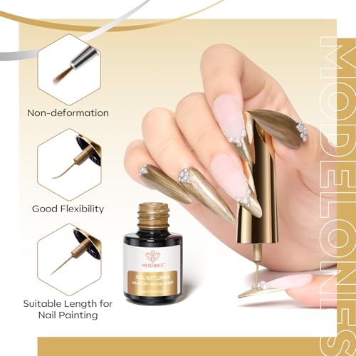 Image of modelones Metallic Gold Silver Gel Liner Nail Polish 2 Pcs Chrome Mirror 3D Effect Nail Art Polish Bronze Thin Brush For Swirl Soak Off French Tip DIY Salon Nail Glue Manicure Gift For Women Girls