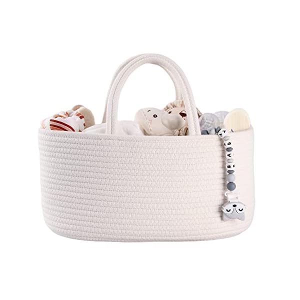 Baby Diaper Caddy Organizer for Girl Boy Cotton Rope Nursery Storage Bin Basket Portable Holder Tote Bag for Changing Table Car Travel Baby Shower Gifts Newborn Essentials Registry Must Haves White