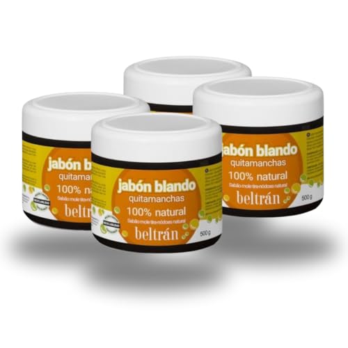 Beltrán Jabón Blando Quitamanchas 100% Natural - Pack de 4 Unidades - Jabón Potásico Tradicional para Grasa y Aceite - Sin Colorantes ni Perfumes - Ecológico y Biodegradable.