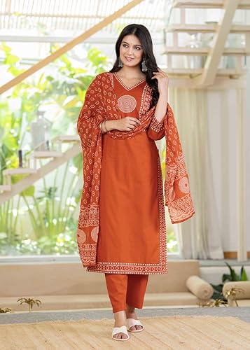 Image of Pistaa's Women's Ethnic Motifs Printed Regular Pure Cotton Kurta with Trousers With Dupatta Set
