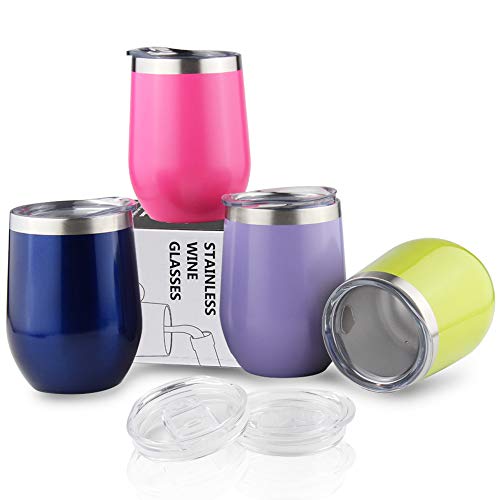 Sivaphe Wijnglazen Geschenken Families Geïsoleerde Dubbelwandige Koffiekopjes Roestvrijstalen Theeglazen met Deksels voor Camping Thuiskantoor Feest 350 ml Set van 4 Groen Paars Rood Marine