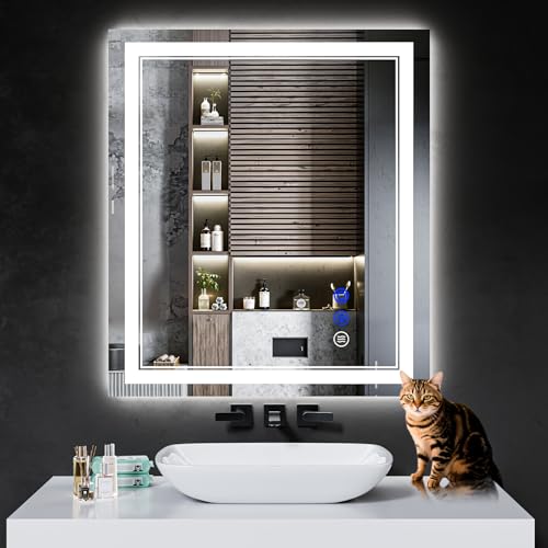 InfiniGlass Espejo de baño LED de 36 x 28 pulgadas con luces regulables antivaho, 3 modos de color, vidrio templado inastillable, función de memoria y diseño impermeable